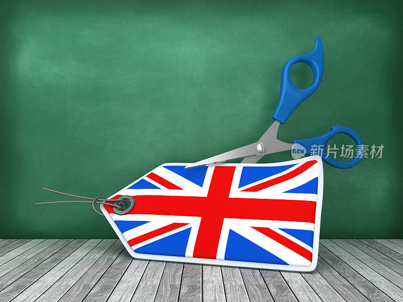 英国国旗价格标签与剪刀在黑板背景- 3D渲染